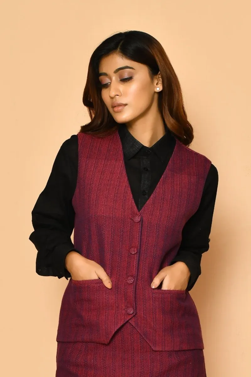 Red V-Neck Waist Coat Cotton Jacket for Ladies