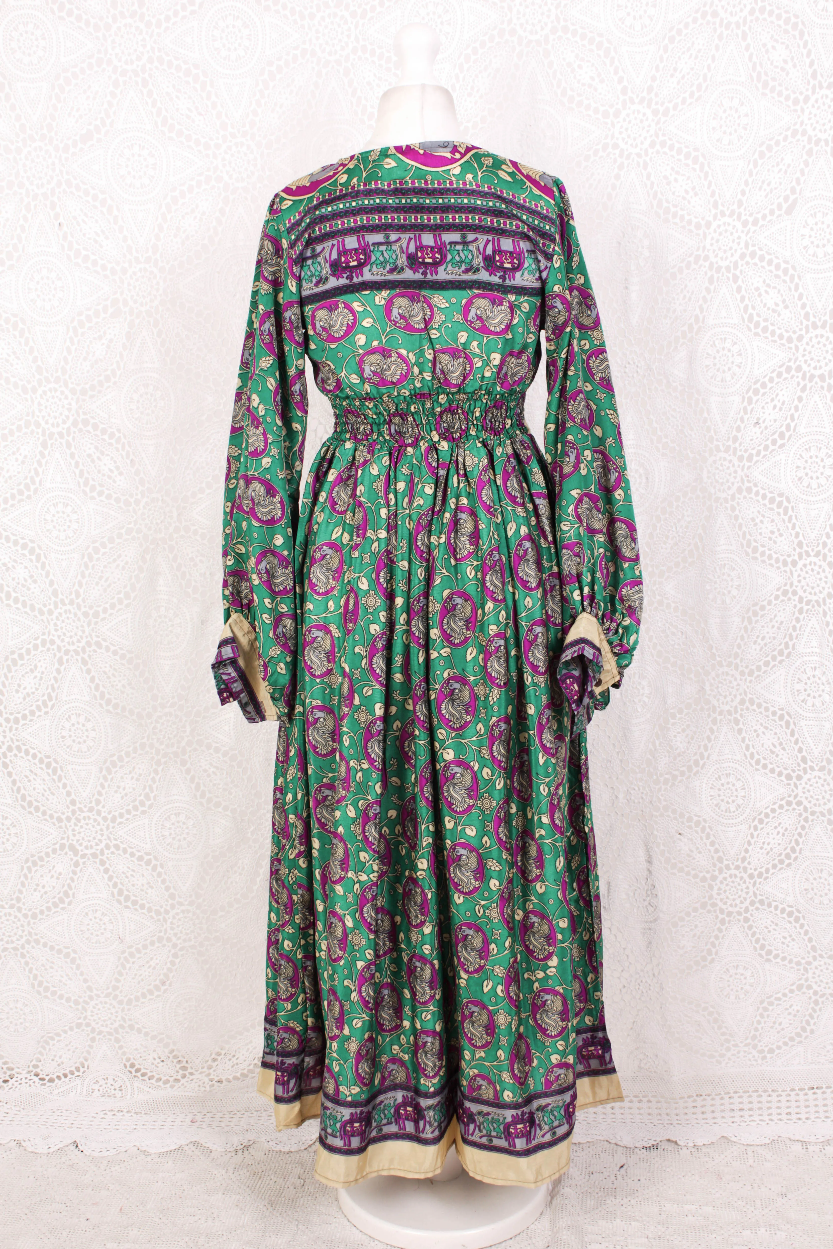 Rosemary Maxi Dress - Vintage Indian Sari - Emerald & Magenta Peacock Illustrations - XS/S