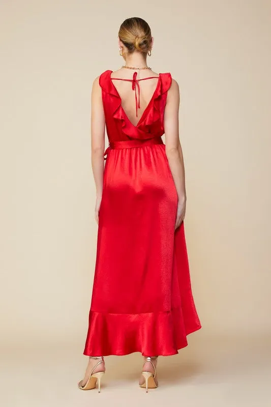 Ruffled Satin Wrap Maxi Dress - Coral Red