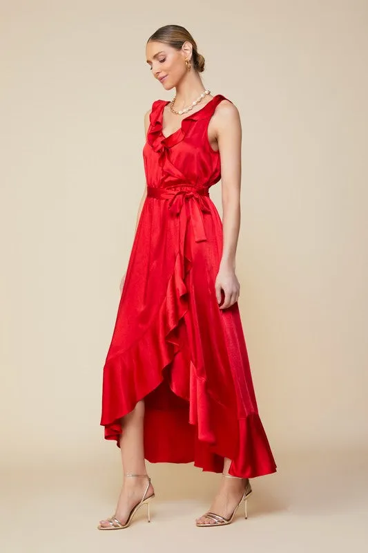 Ruffled Satin Wrap Maxi Dress - Coral Red