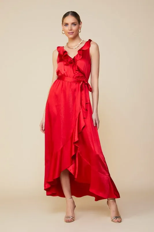 Ruffled Satin Wrap Maxi Dress - Coral Red