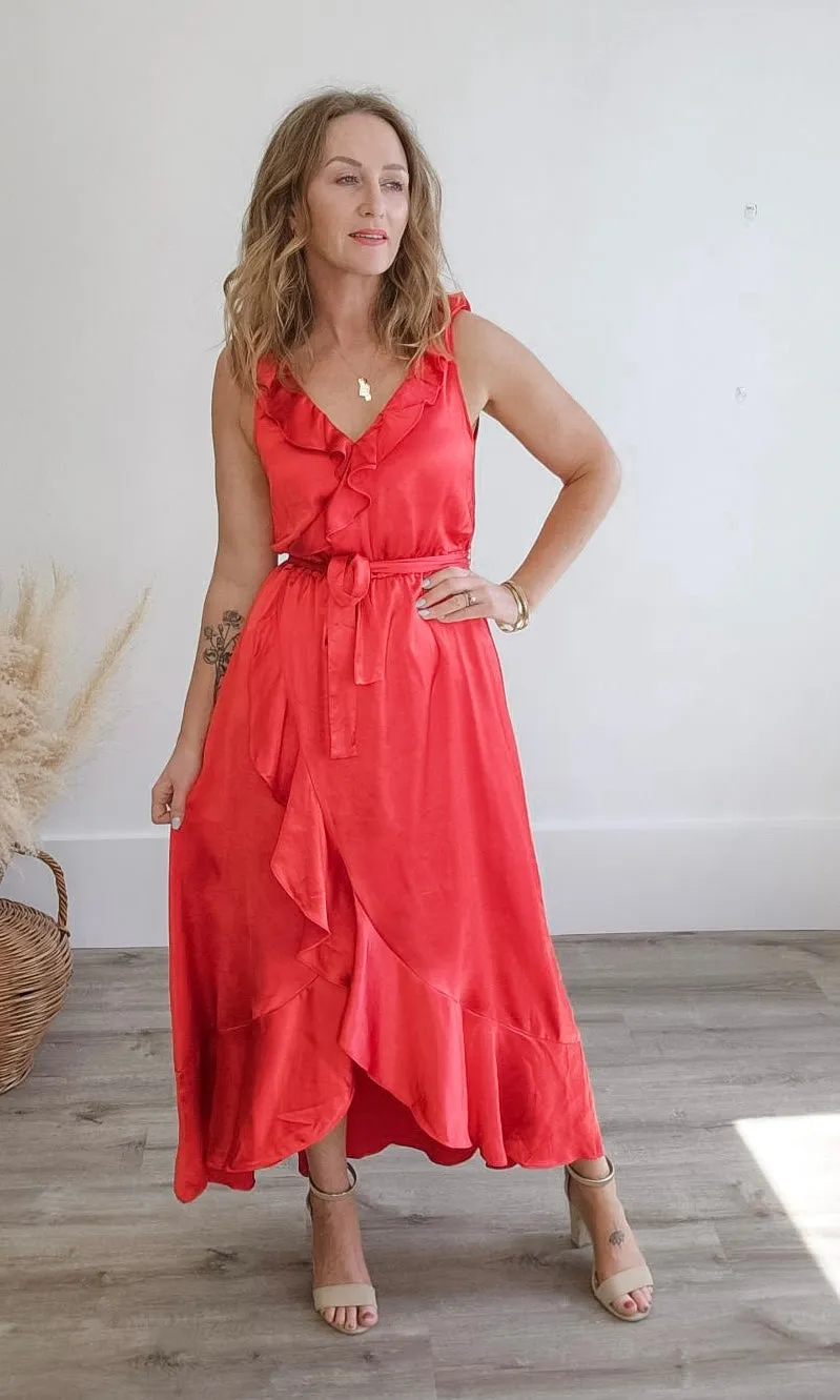 Ruffled Satin Wrap Maxi Dress - Coral Red