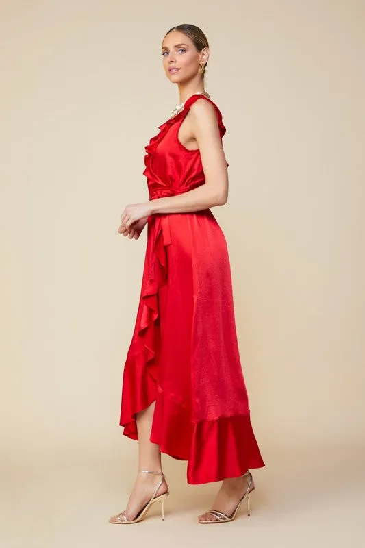 Ruffled Satin Wrap Maxi Dress - Coral Red