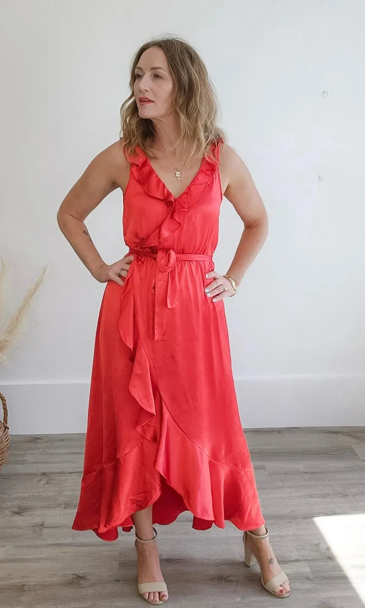 Ruffled Satin Wrap Maxi Dress - Coral Red