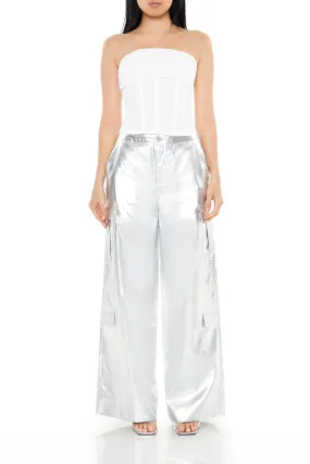 Satin Metallic Wide Leg Cargo Pant