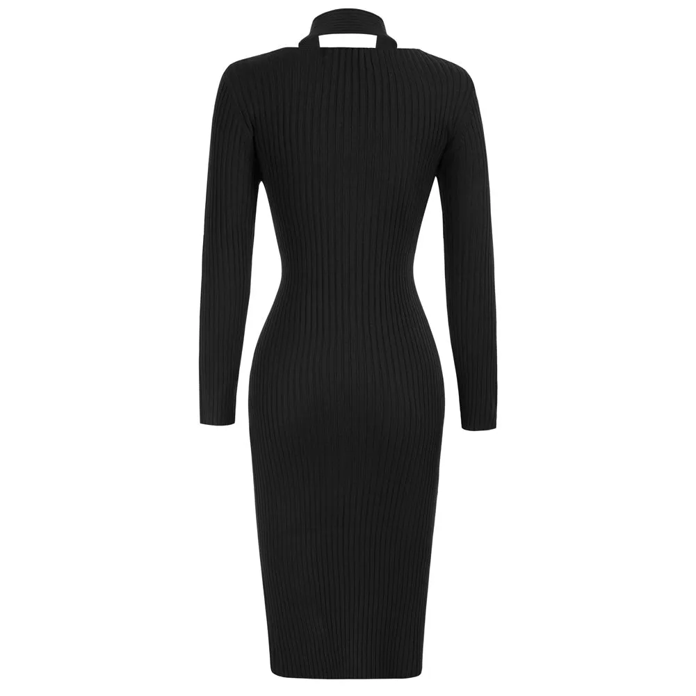 Seckill Offer⌛Halterneck Sweater Dress Long Sleeve Front Slit Knitted Bodycon Dress