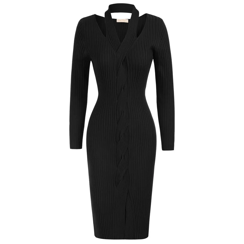 Seckill Offer⌛Halterneck Sweater Dress Long Sleeve Front Slit Knitted Bodycon Dress