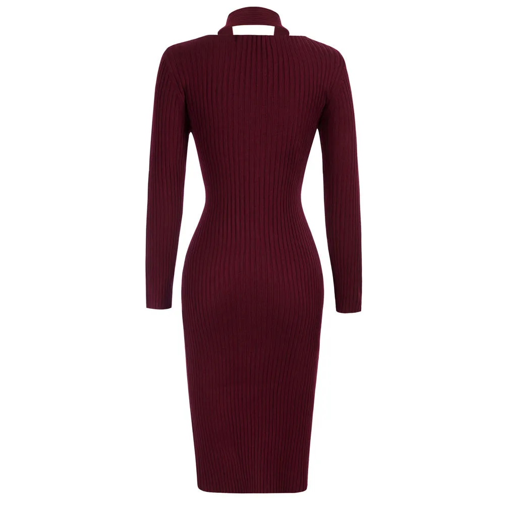 Seckill Offer⌛Halterneck Sweater Dress Long Sleeve Front Slit Knitted Bodycon Dress