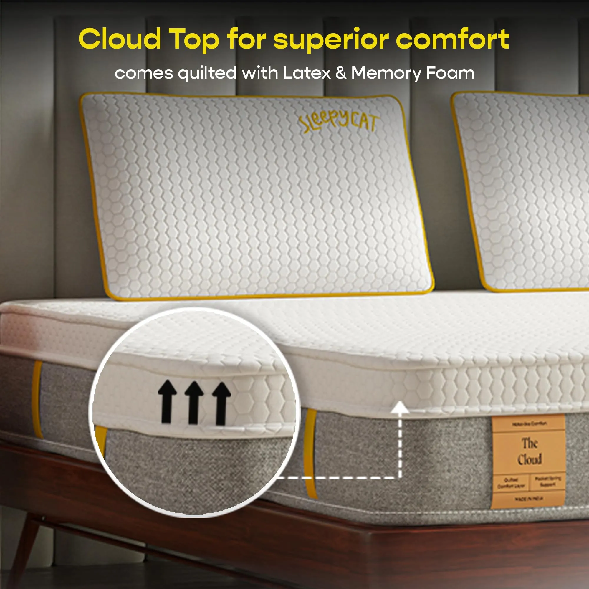 SleepyCat Cloud Mattress | Hotel-Like Quilted EuroTop with Memory Foam & Latex | No-Motion Transfer Pocket Spring | Pressure Relief & Luxurious Feel | Queen Size (72x66x8 Inches)