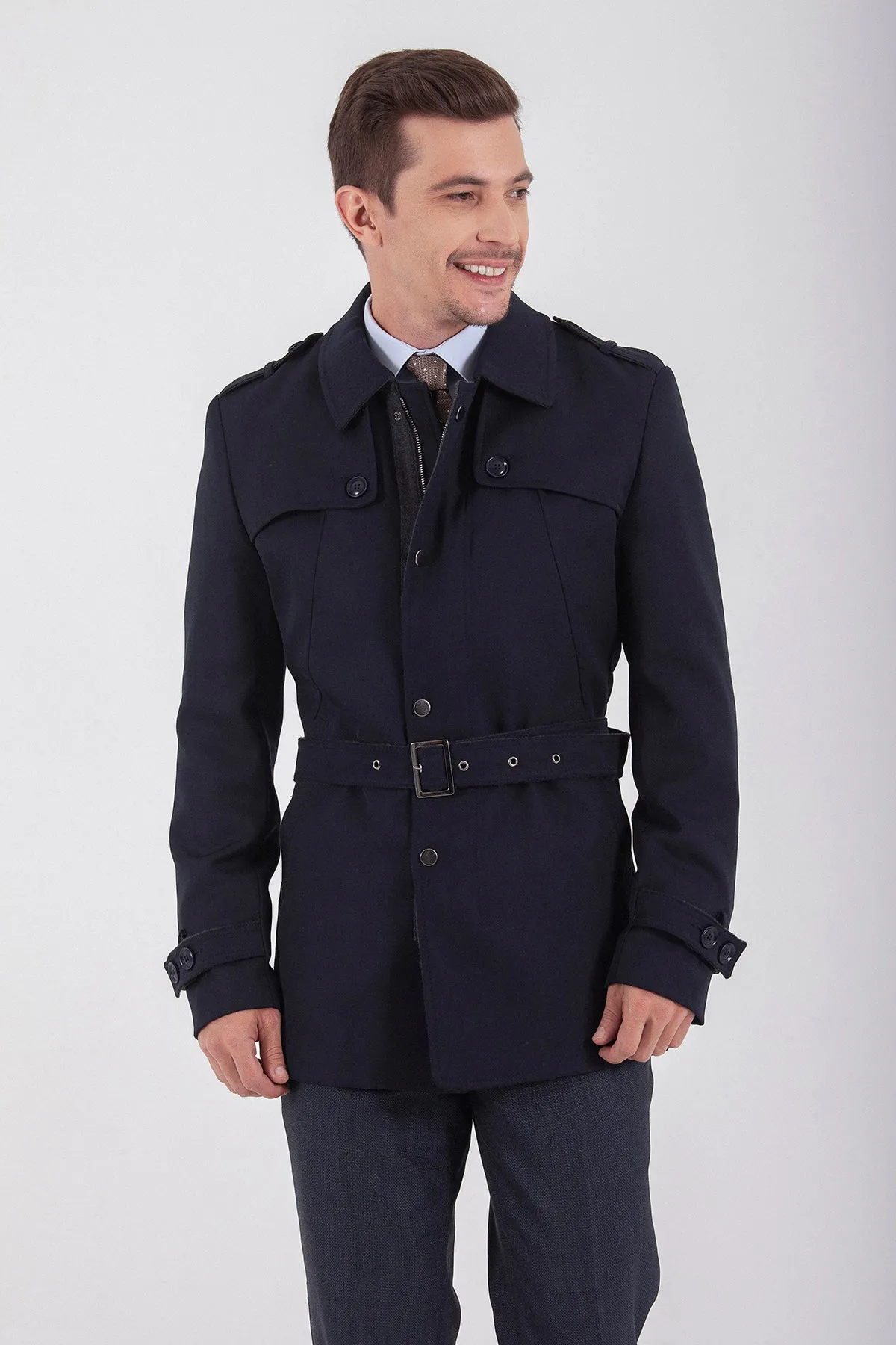 Slim Fit Flat Collar Vilnius Wool Light Brown Trenchcoat, Navy