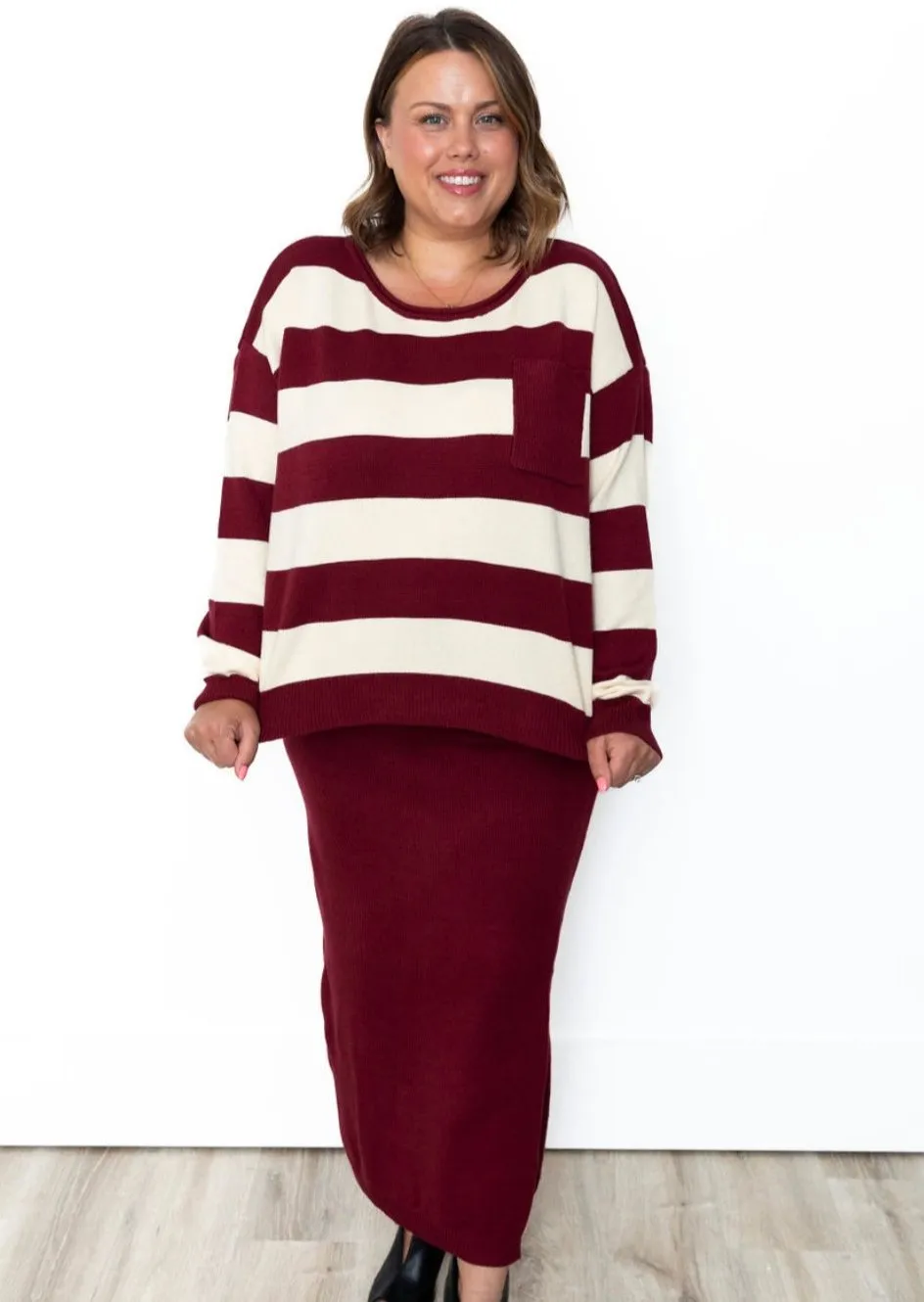 Striped Sweater & Knit Pencil Skirt - Burgundy