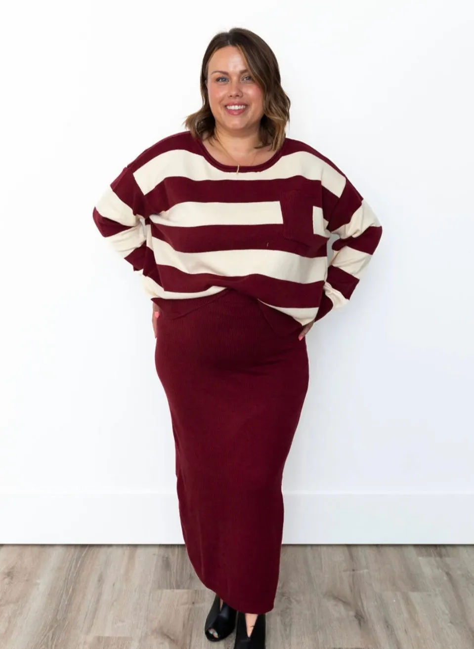 Striped Sweater & Knit Pencil Skirt - Burgundy