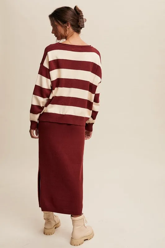 Striped Sweater & Knit Pencil Skirt - Burgundy