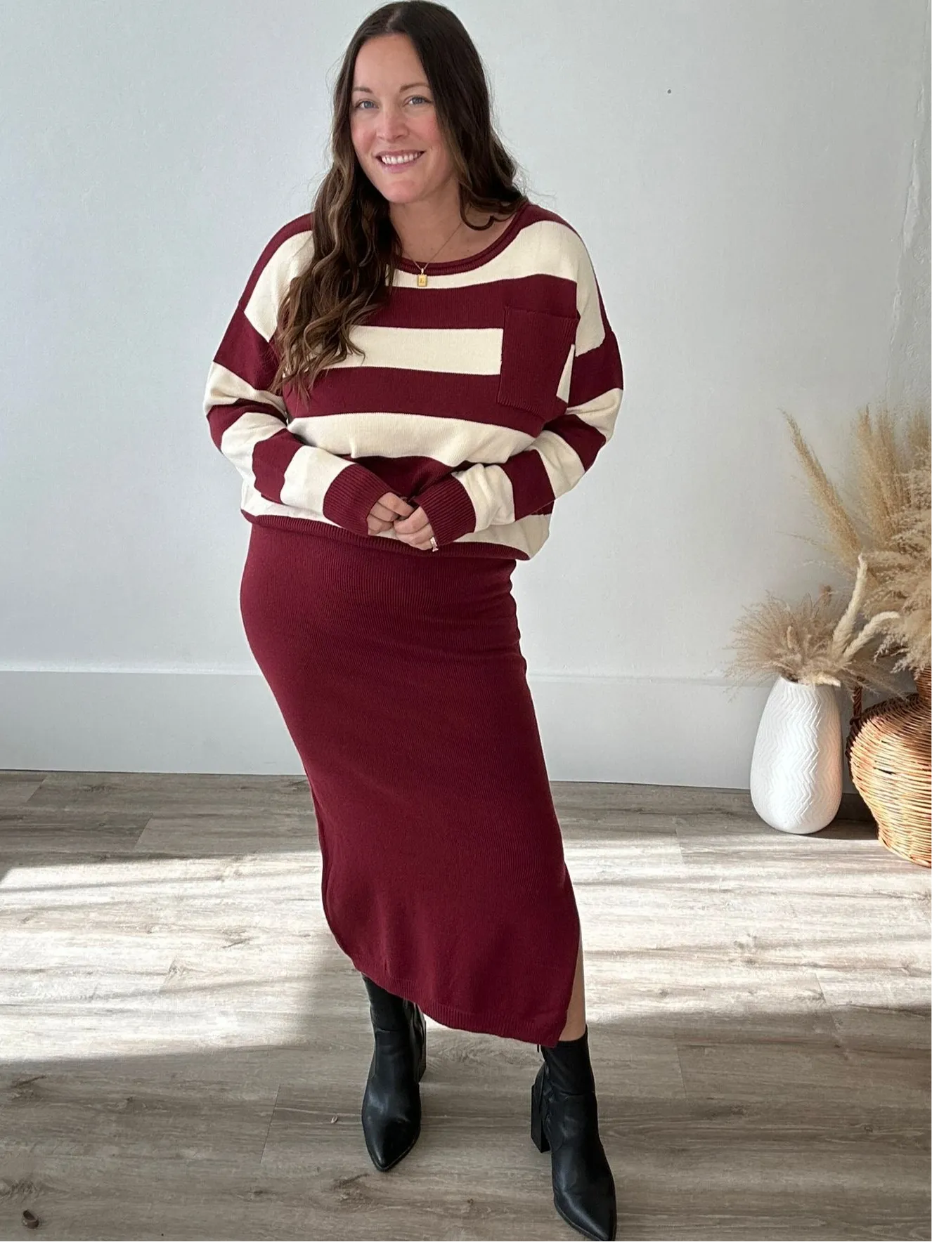 Striped Sweater & Knit Pencil Skirt - Burgundy