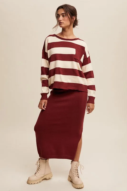 Striped Sweater & Knit Pencil Skirt - Burgundy