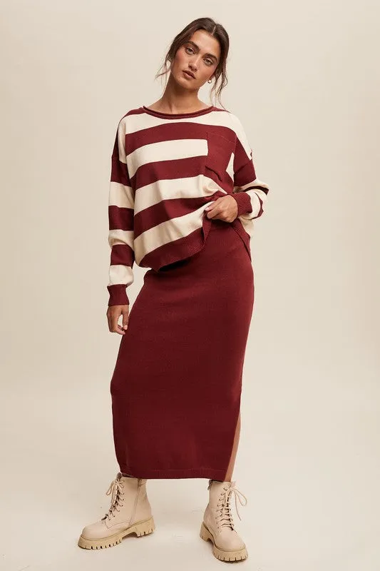 Striped Sweater & Knit Pencil Skirt - Burgundy