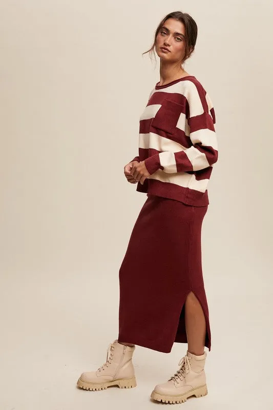 Striped Sweater & Knit Pencil Skirt - Burgundy