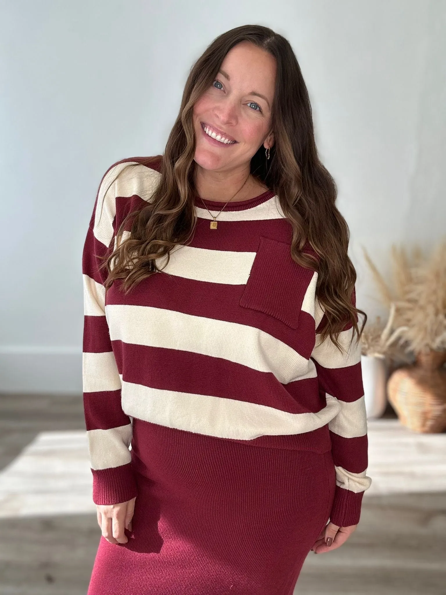 Striped Sweater & Knit Pencil Skirt - Burgundy