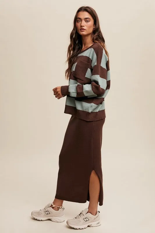 Striped Sweater & Knit Pencil Skirt - Mocha