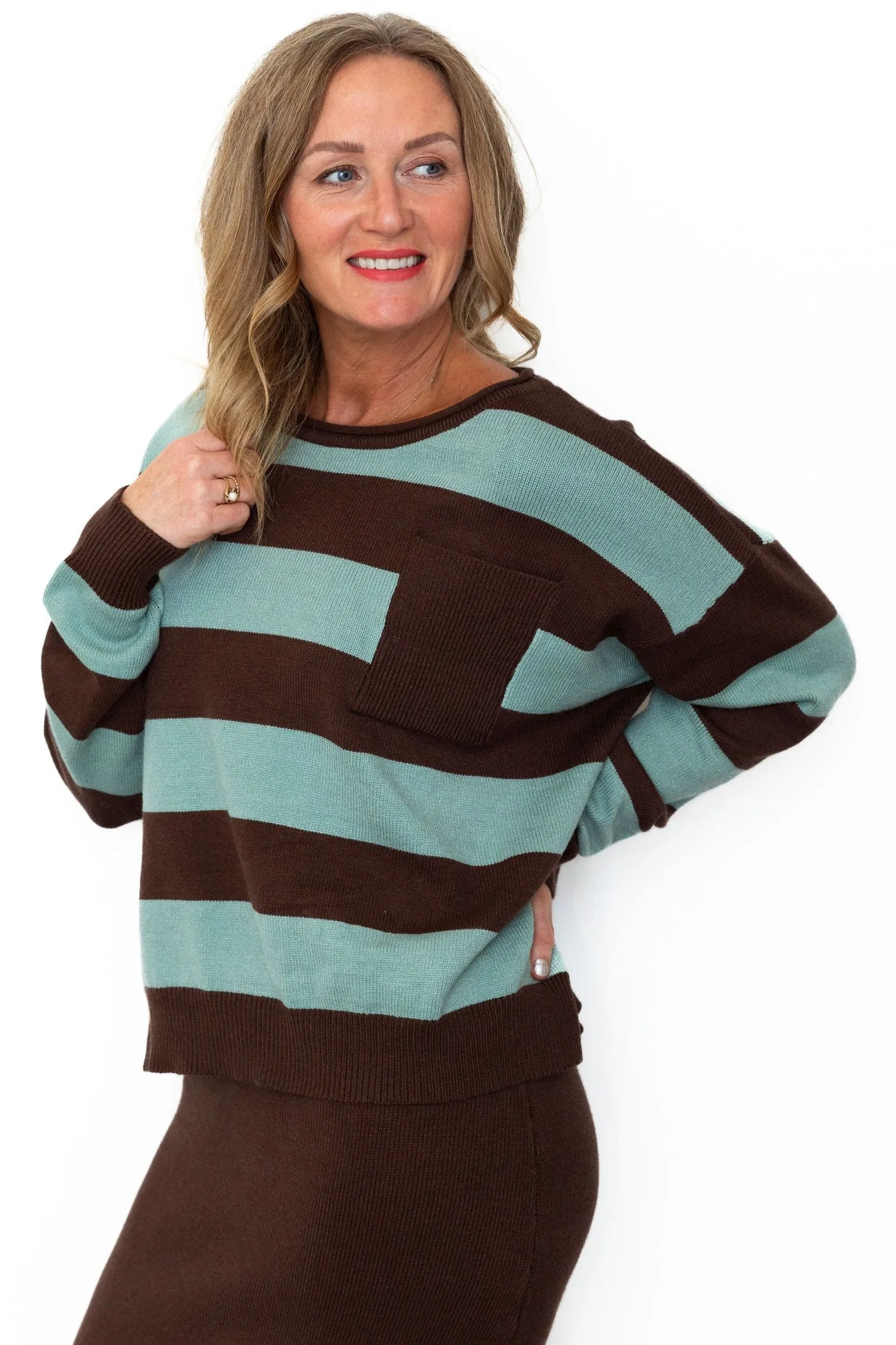 Striped Sweater & Knit Pencil Skirt - Mocha