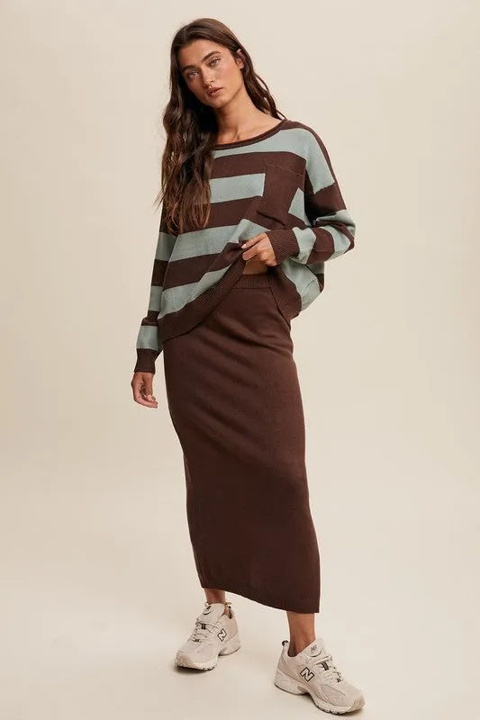 Striped Sweater & Knit Pencil Skirt - Mocha