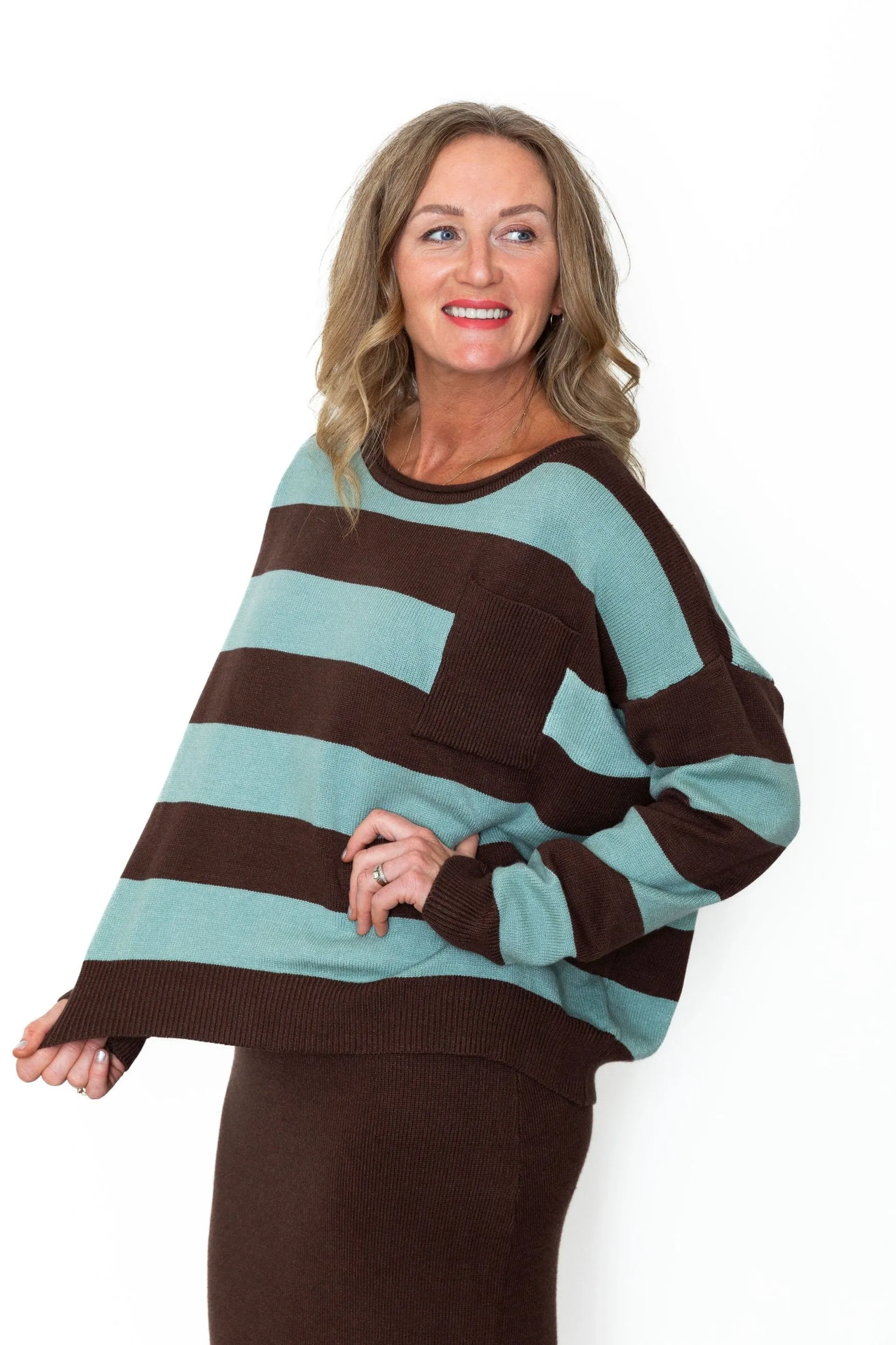 Striped Sweater & Knit Pencil Skirt - Mocha