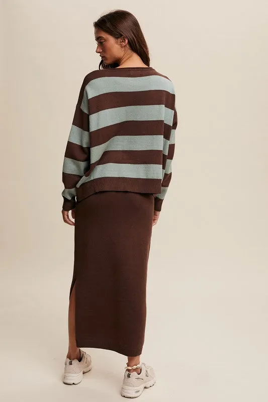 Striped Sweater & Knit Pencil Skirt - Mocha