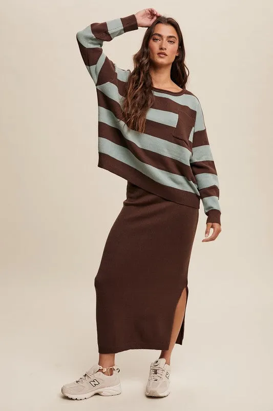 Striped Sweater & Knit Pencil Skirt - Mocha