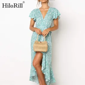 Summer Beach Long Women's Floral Print Boho V-Neck Slit Bodycon Wrap Maxi Party Ruffle Dress