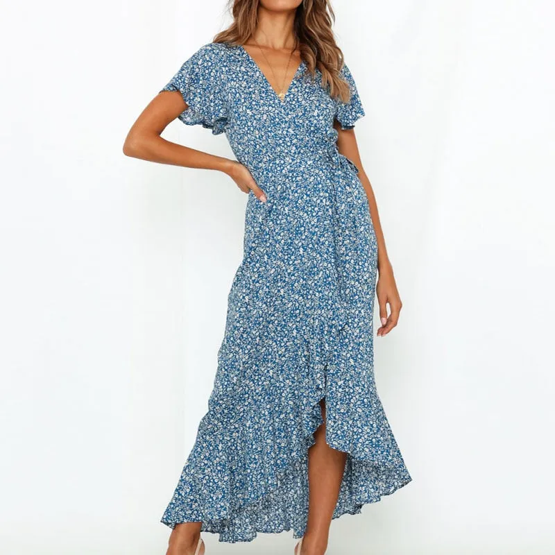 Summer Beach Long Women's Floral Print Boho V-Neck Slit Bodycon Wrap Maxi Party Ruffle Dress