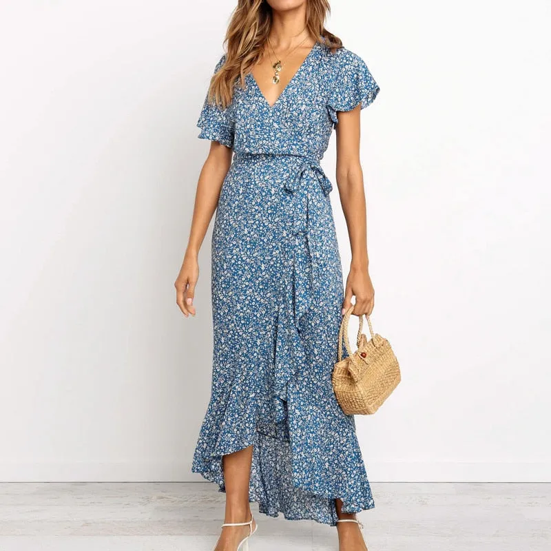 Summer Beach Long Women's Floral Print Boho V-Neck Slit Bodycon Wrap Maxi Party Ruffle Dress