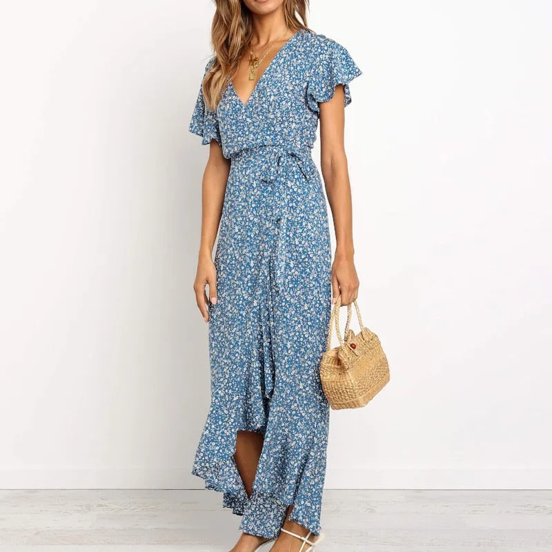 Summer Beach Long Women's Floral Print Boho V-Neck Slit Bodycon Wrap Maxi Party Ruffle Dress