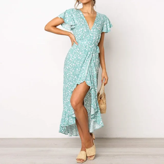 Summer Beach Long Women's Floral Print Boho V-Neck Slit Bodycon Wrap Maxi Party Ruffle Dress