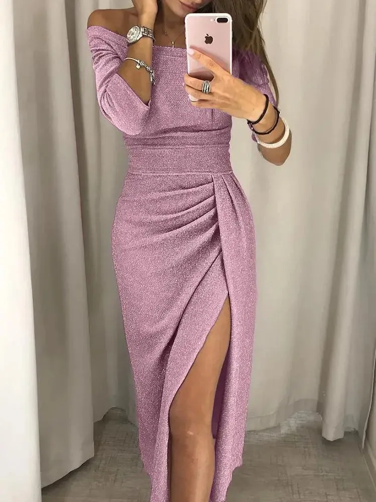 SUSOLA 2024 Women's Off Shoulder Long Sleeve Bodycon Evening Party Long Dress Asymmetrical Split Pencil Dresses S M L XL XXL