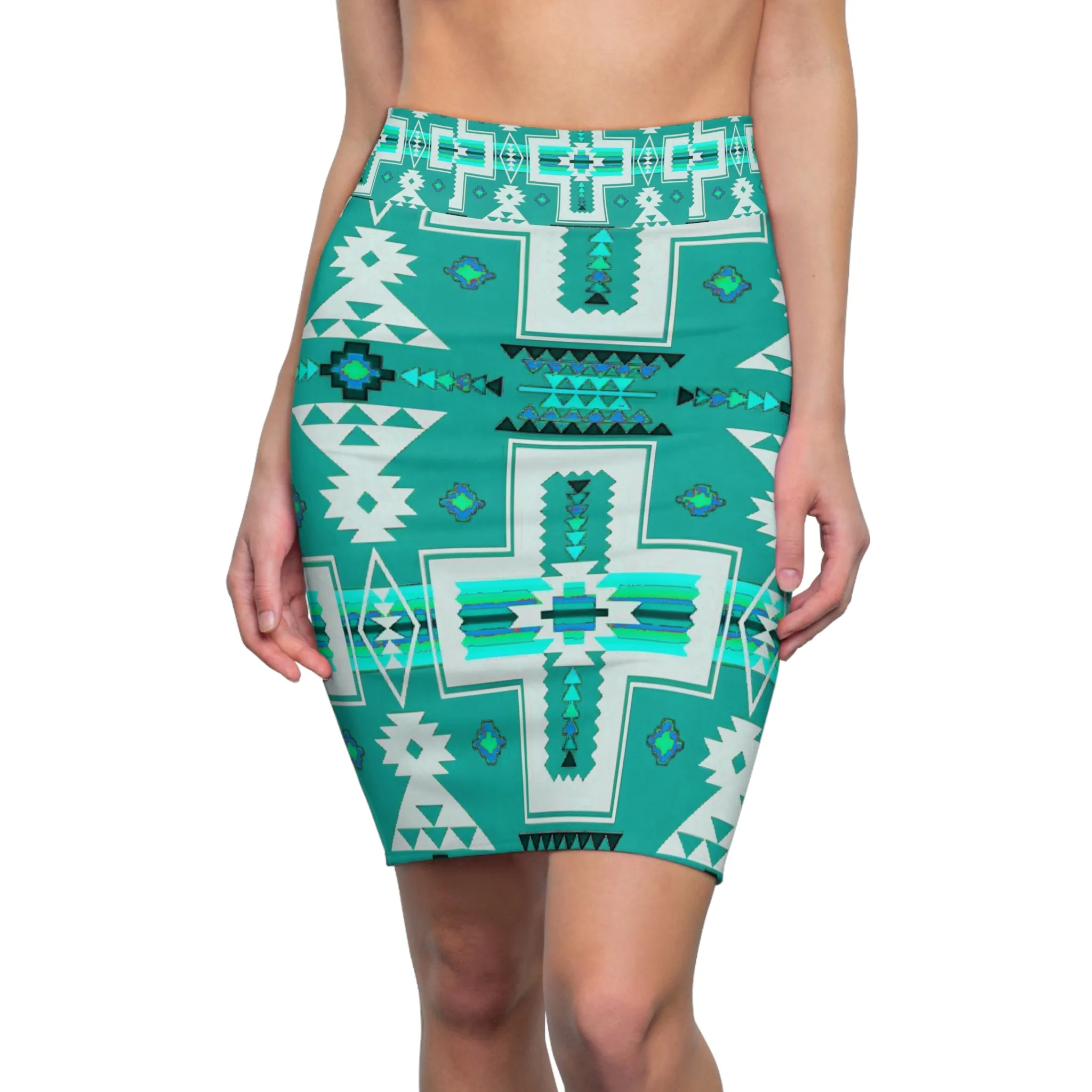 Turquoise native print Women's Pencil Skirt (AOP)