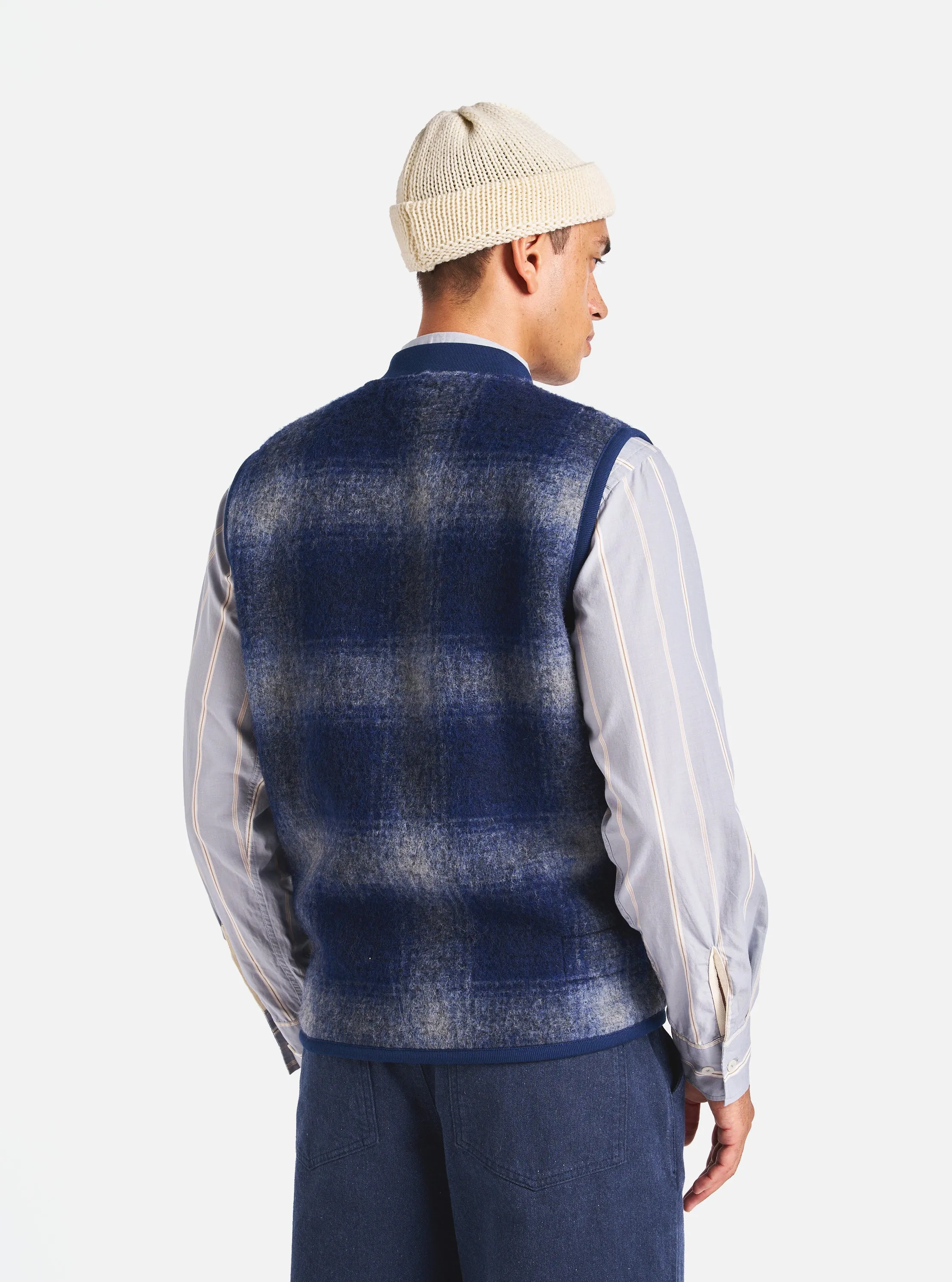 Universal Works Zip Waistcoat in Navy/Grey Fresco Fleece