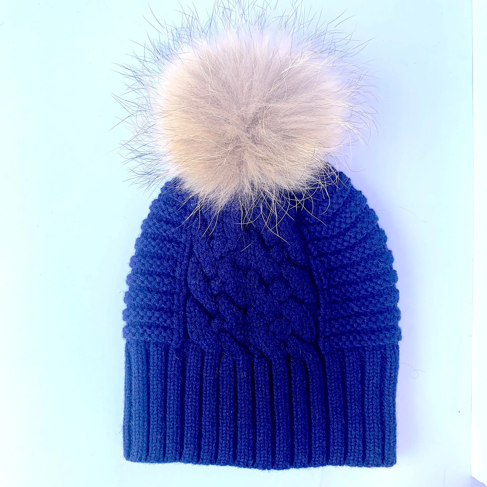 UP for ANYTHING 100% Pure Merino Wool Jumbo Cable & Fancy Rib Beanie with detachable Raccoon Fur Pom Pom, Dark Denim Blue