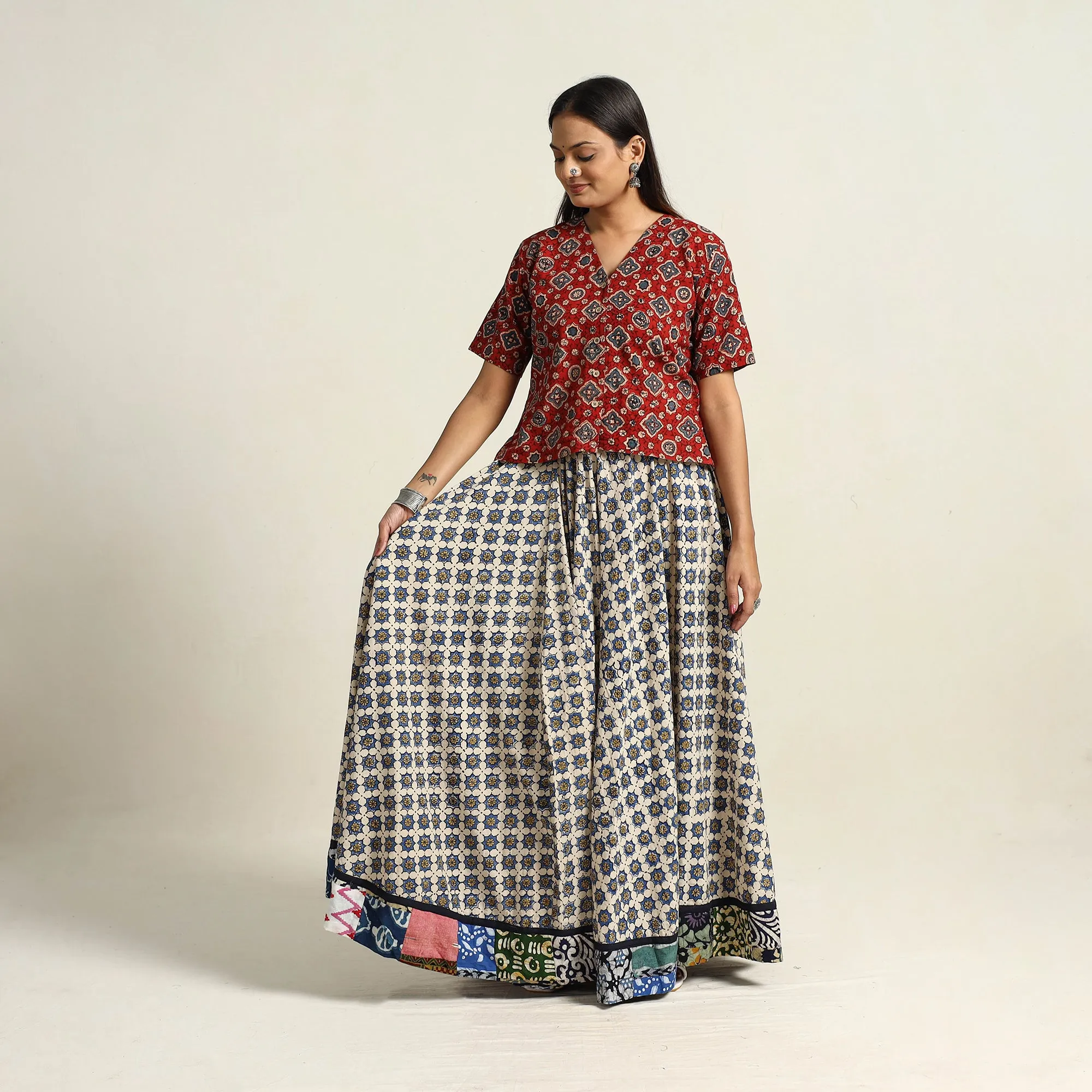 White - Hand Block Printed Cotton Long Ajrakh Skirt 08