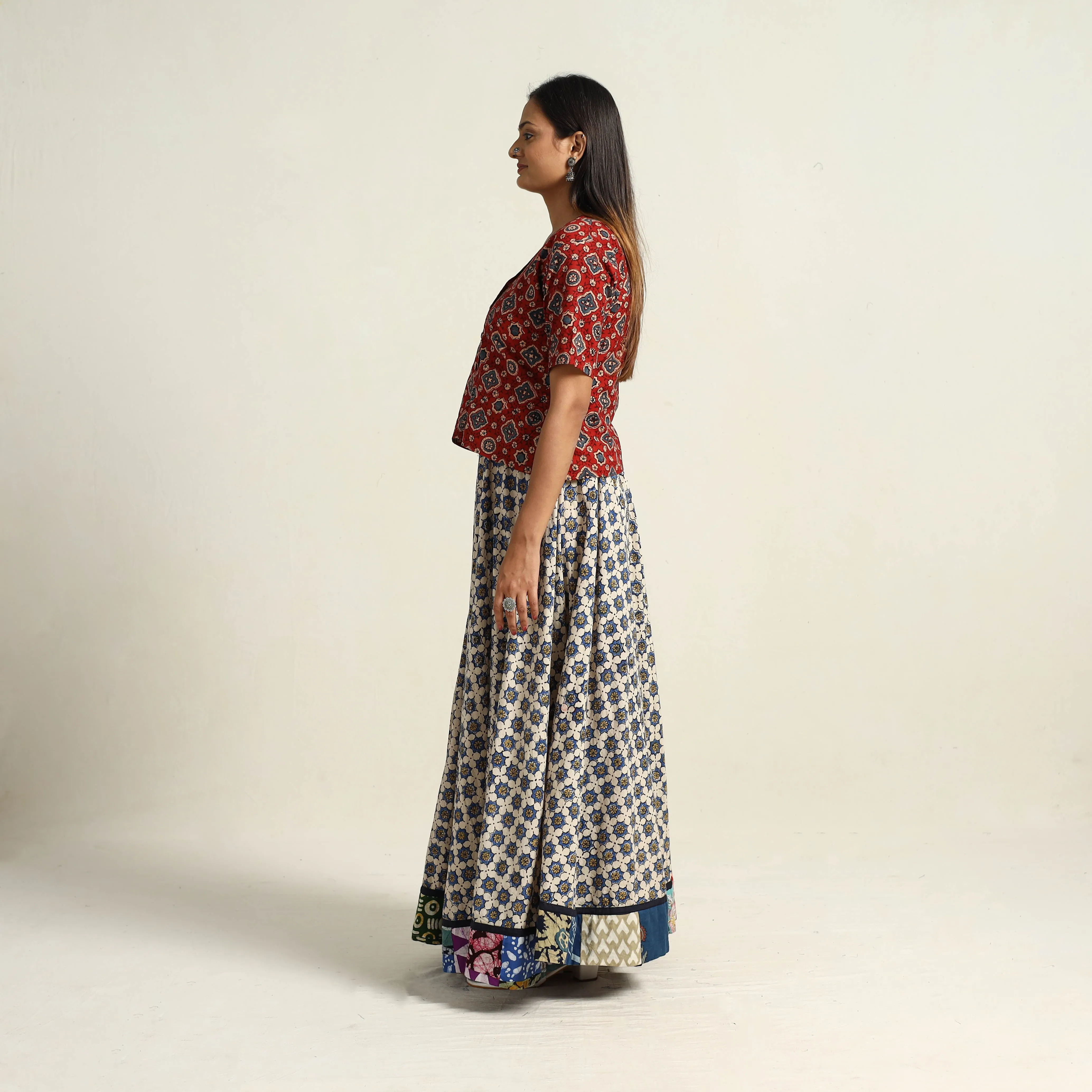 White - Hand Block Printed Cotton Long Ajrakh Skirt 08