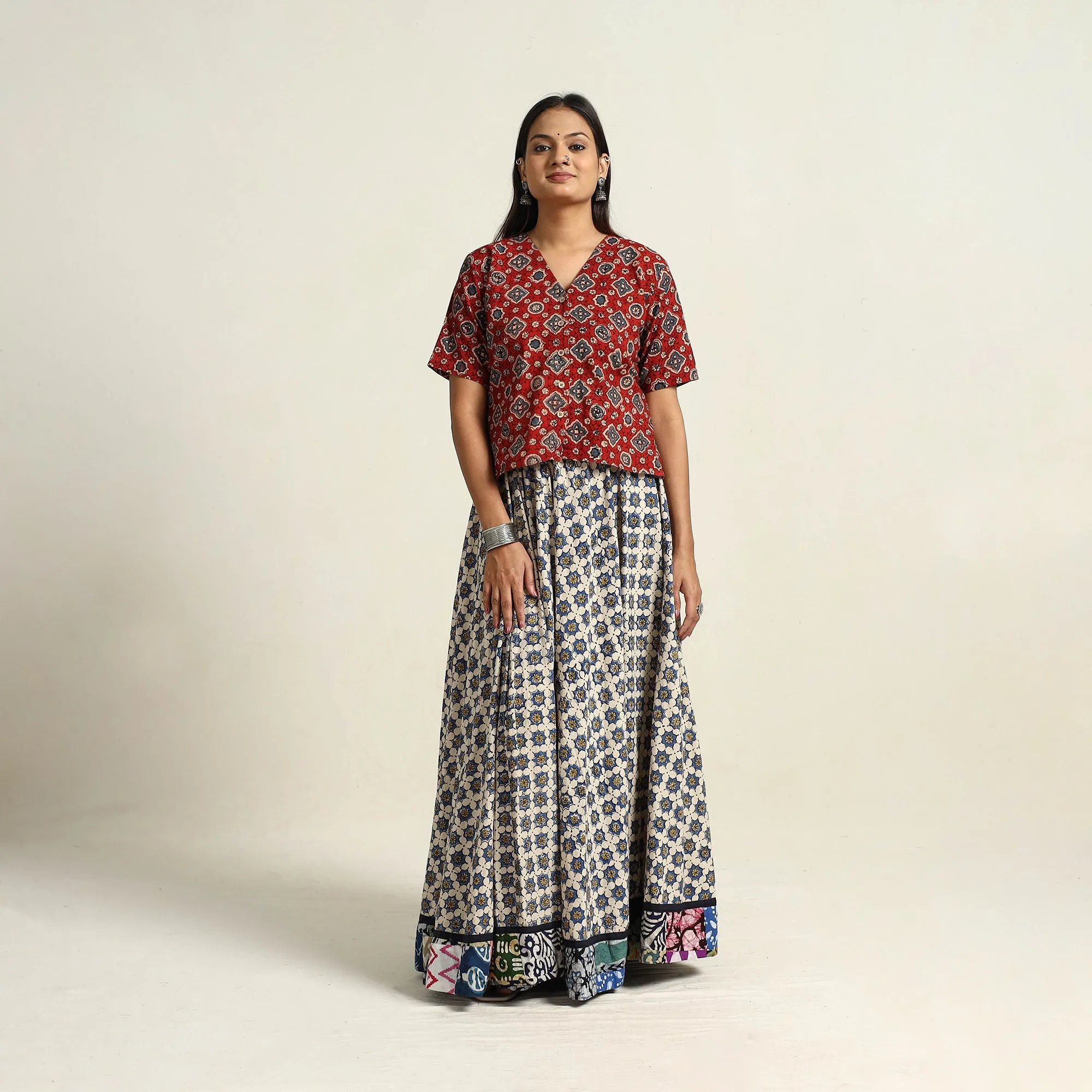 White - Hand Block Printed Cotton Long Ajrakh Skirt 08