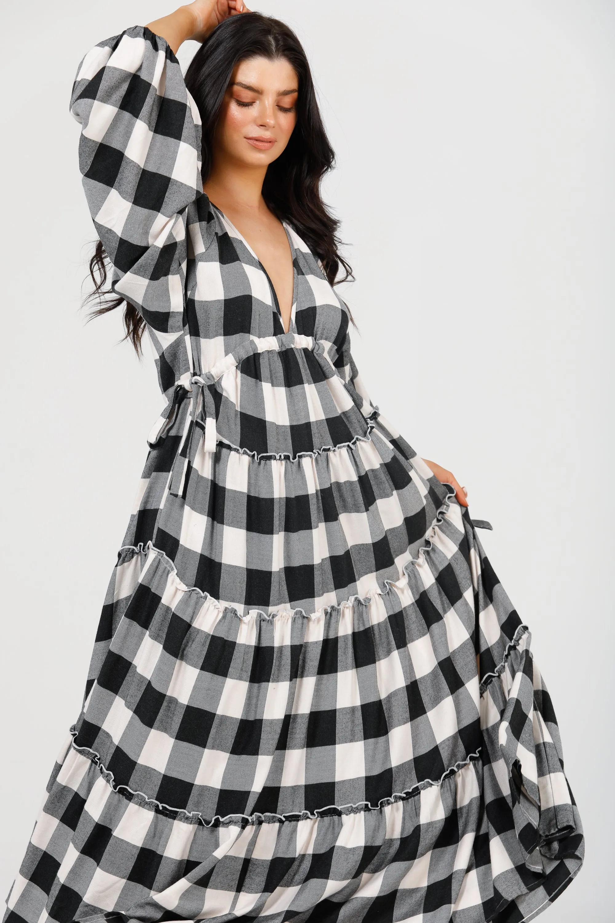 Wing and A Prayer Maxi Dress in Black   White Check