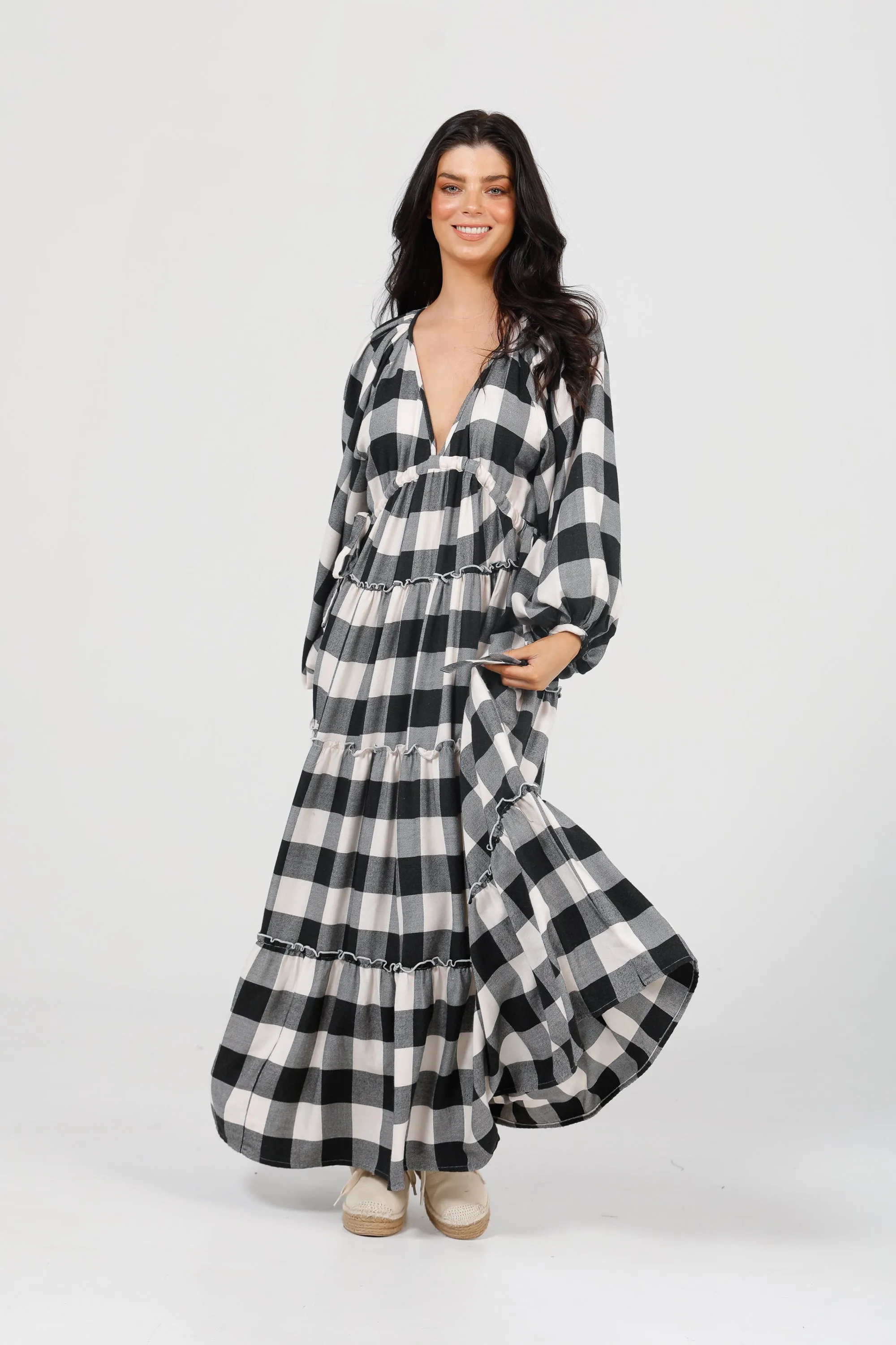 Wing and A Prayer Maxi Dress in Black   White Check