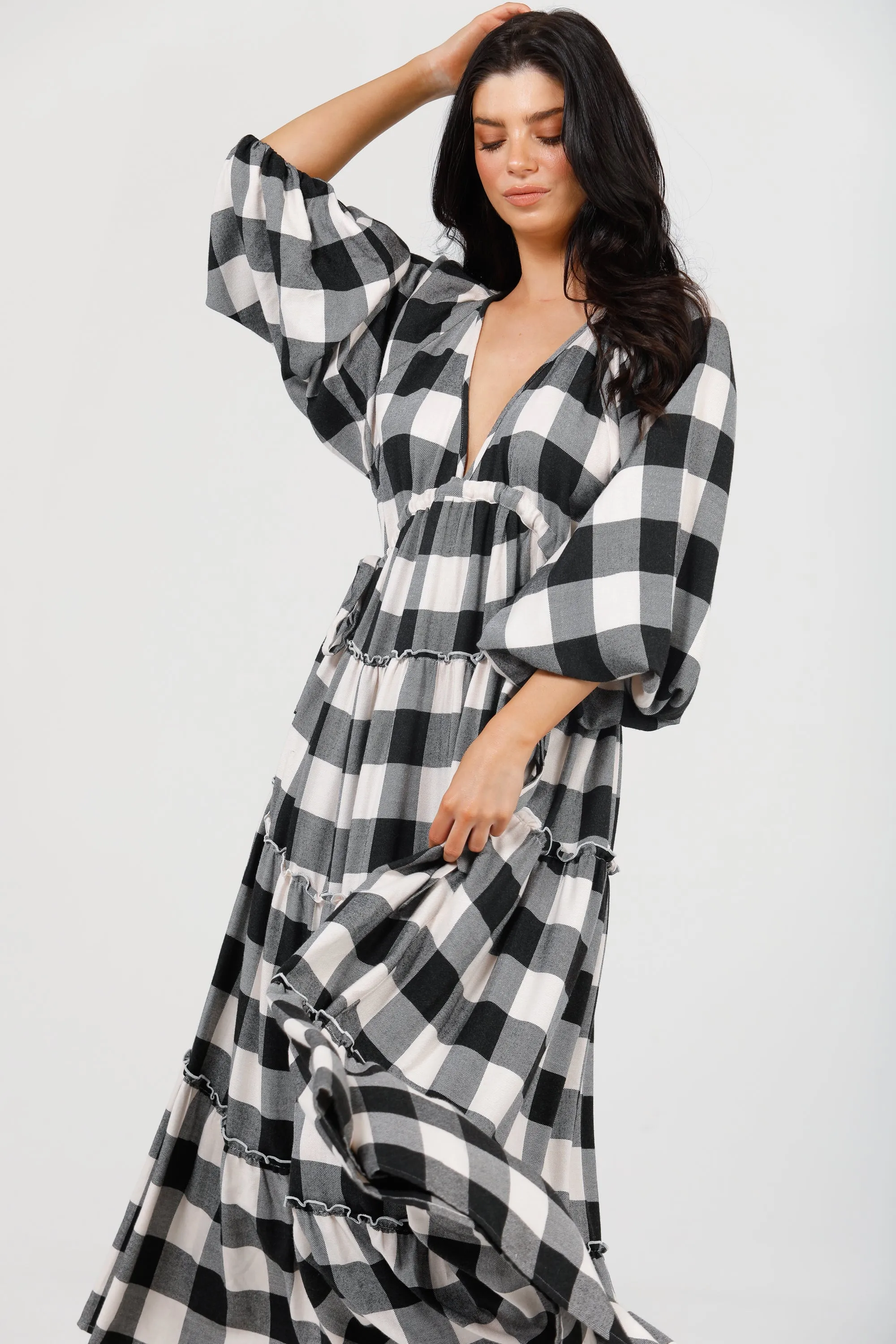 Wing and A Prayer Maxi Dress in Black   White Check