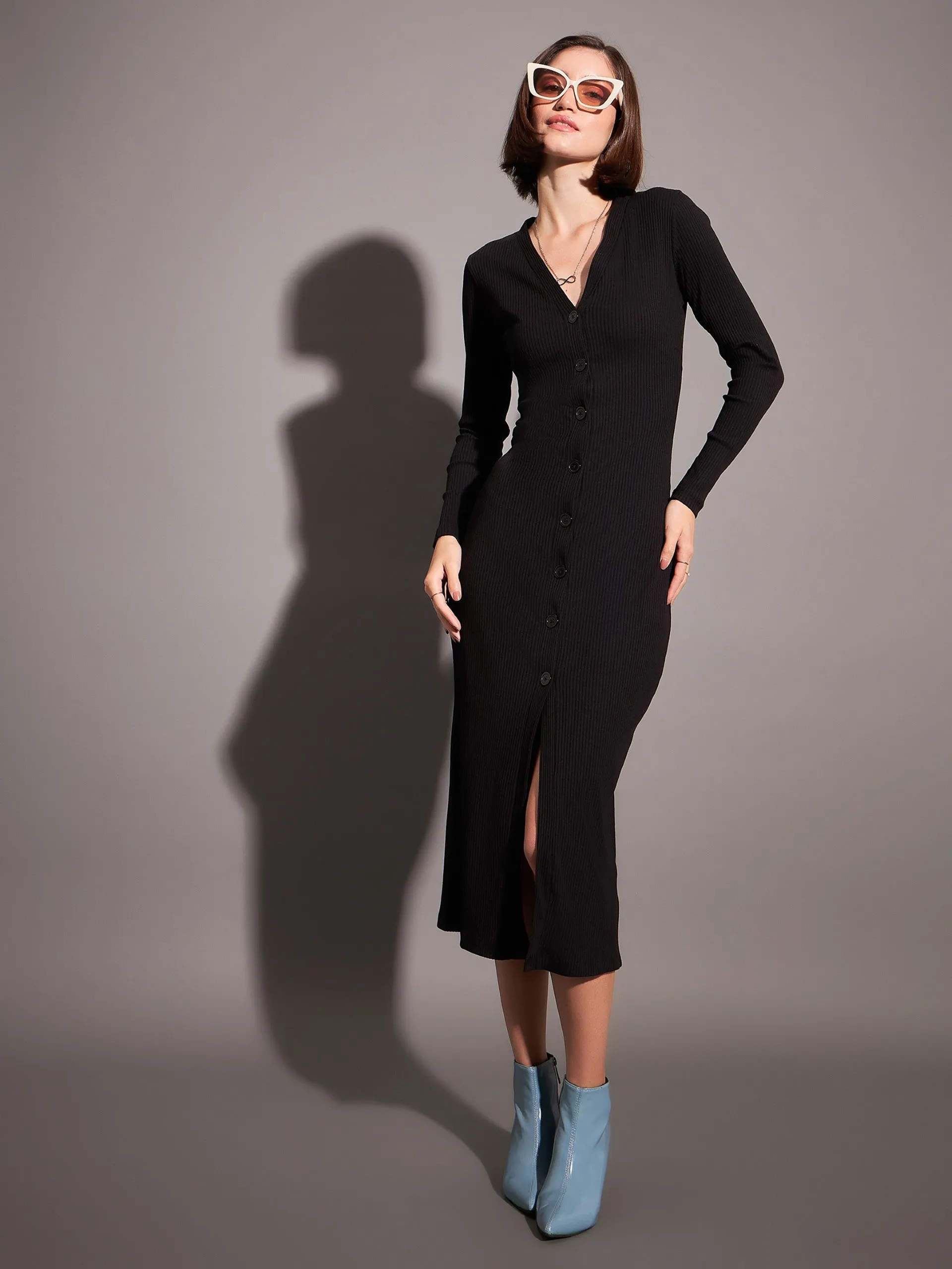 Women Black Rib Front Button Midi Dress