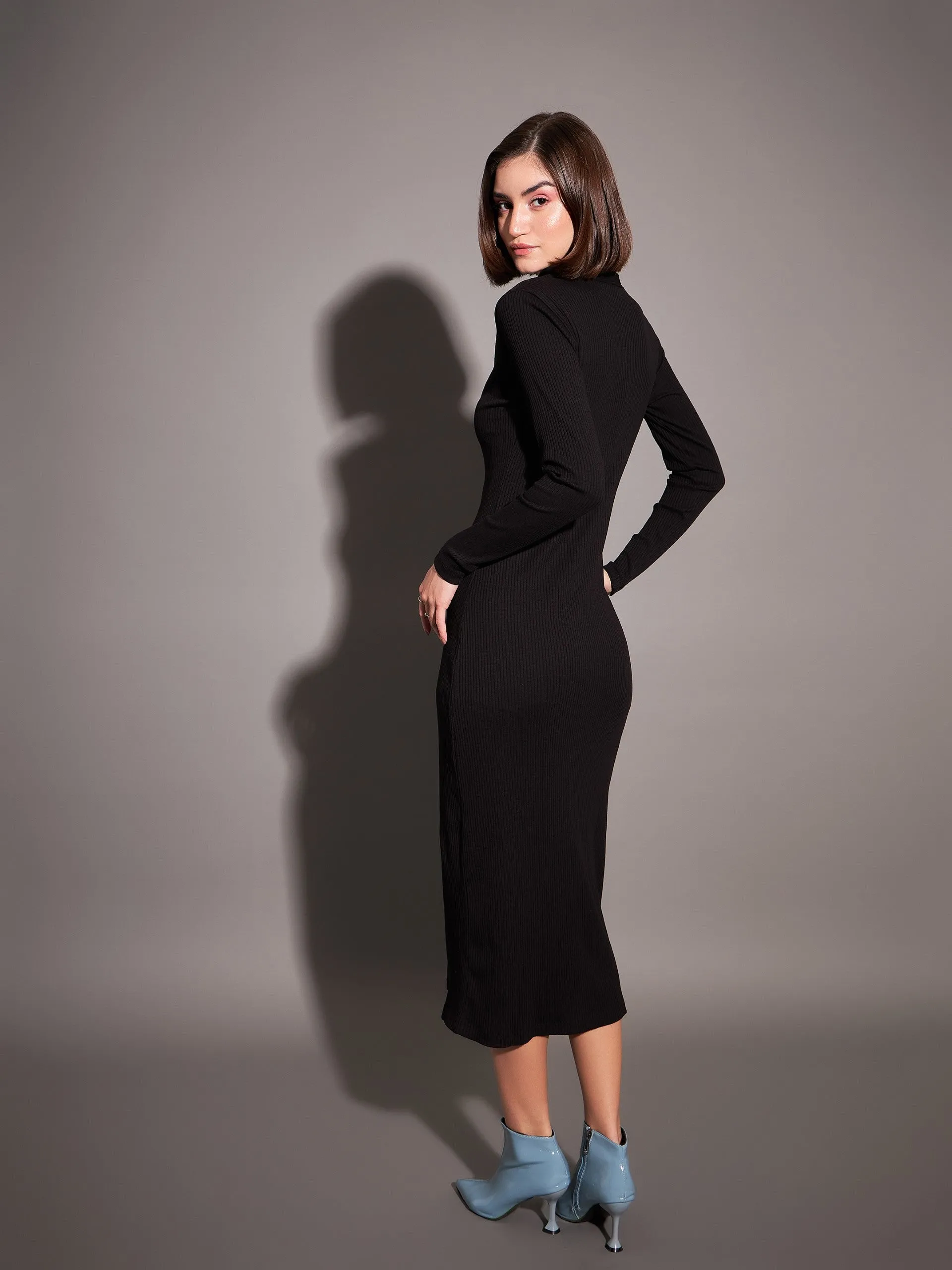 Women Black Rib Front Button Midi Dress