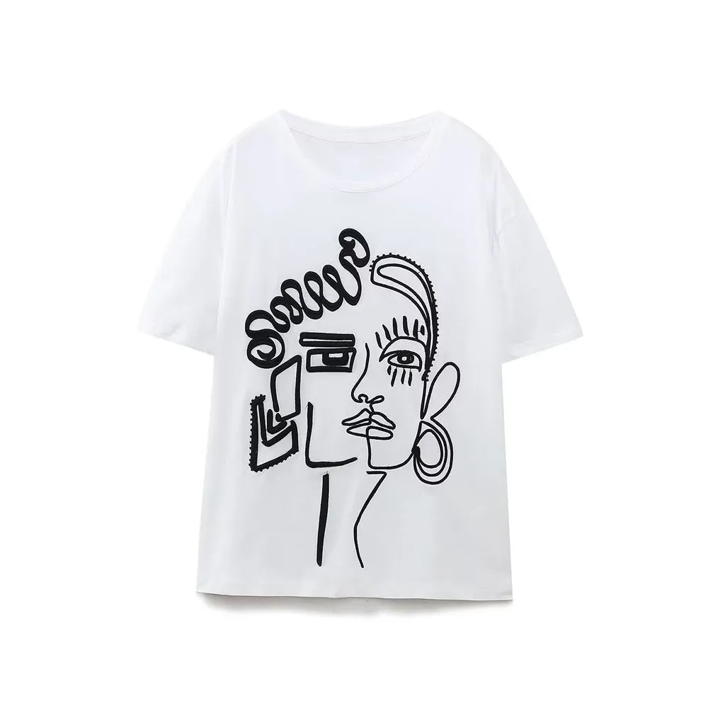 Women Casual Outline Embroidery T shirt