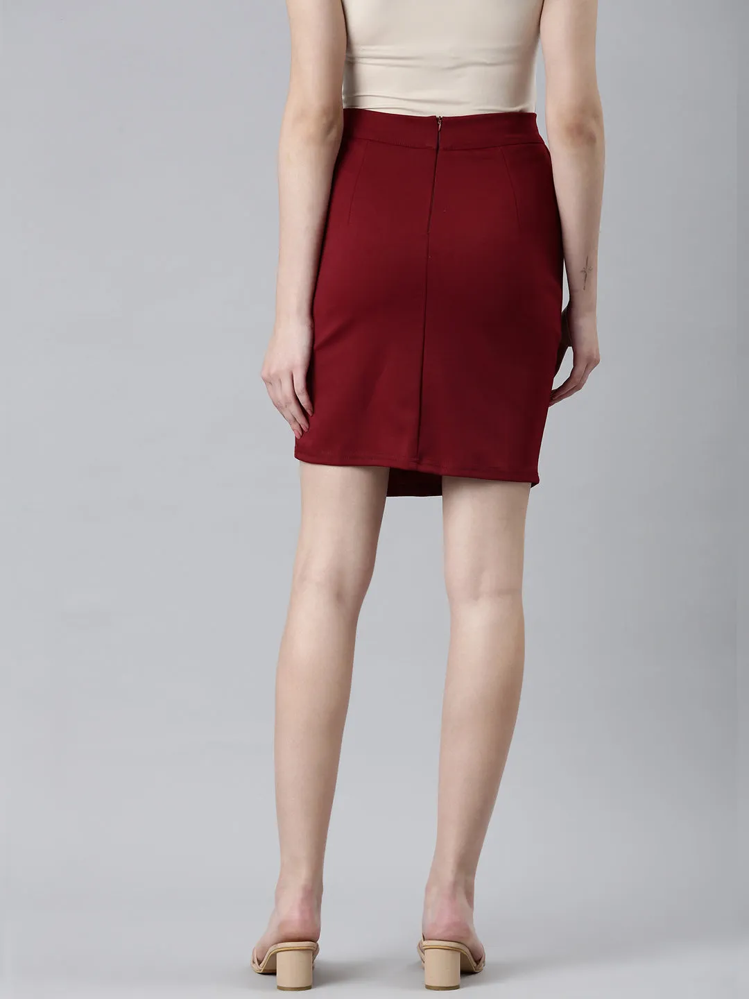 Women Maroon Solid Pencil Skirt