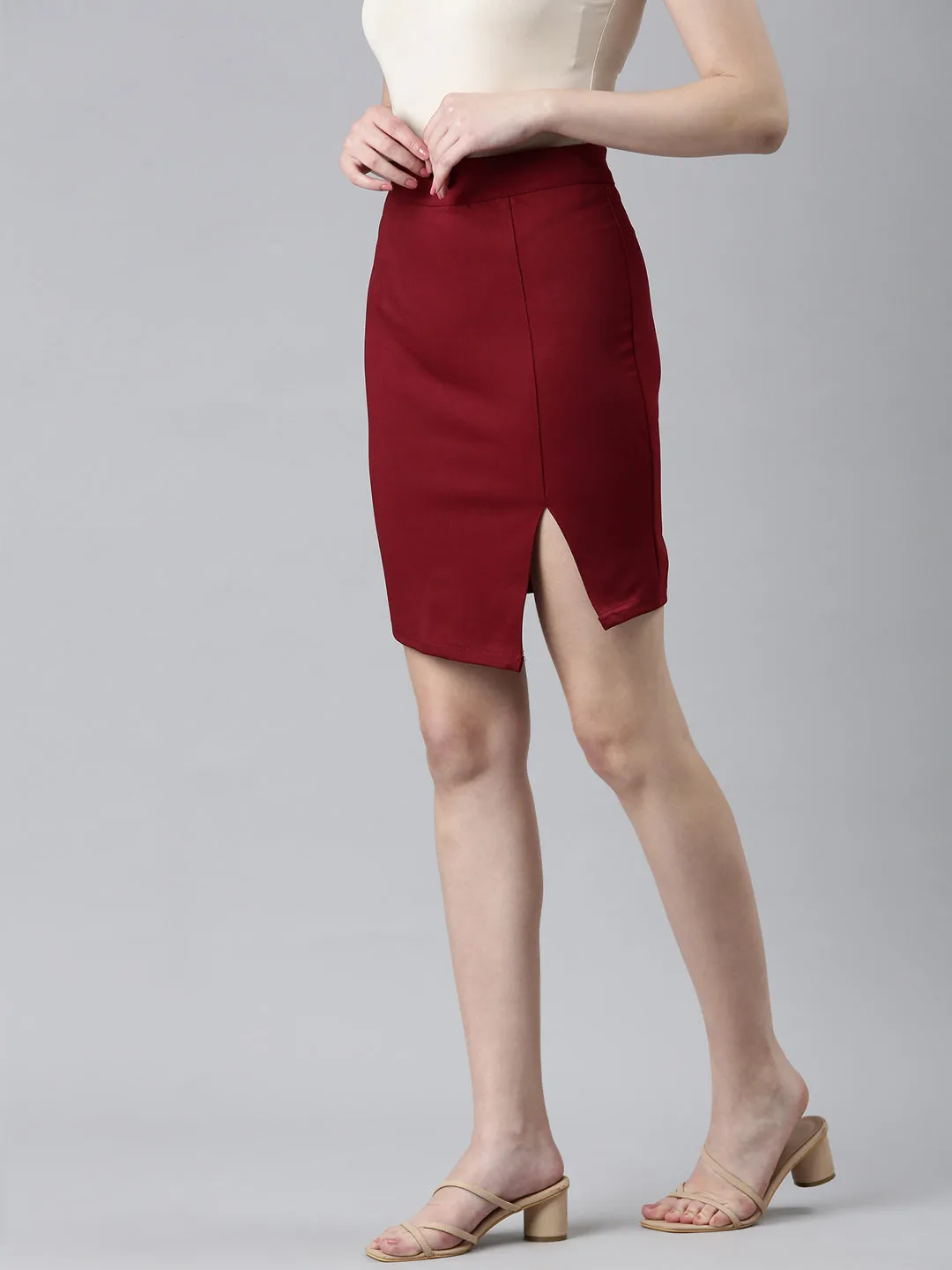 Women Maroon Solid Pencil Skirt