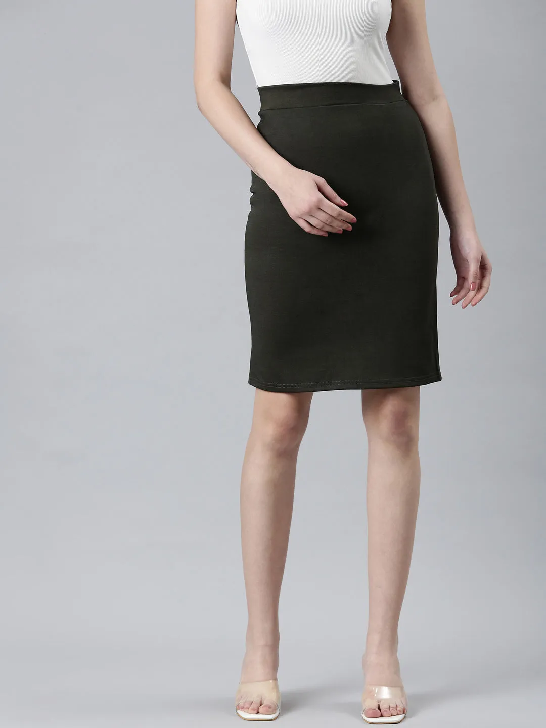 Women Olive Solid Pencil Skirt