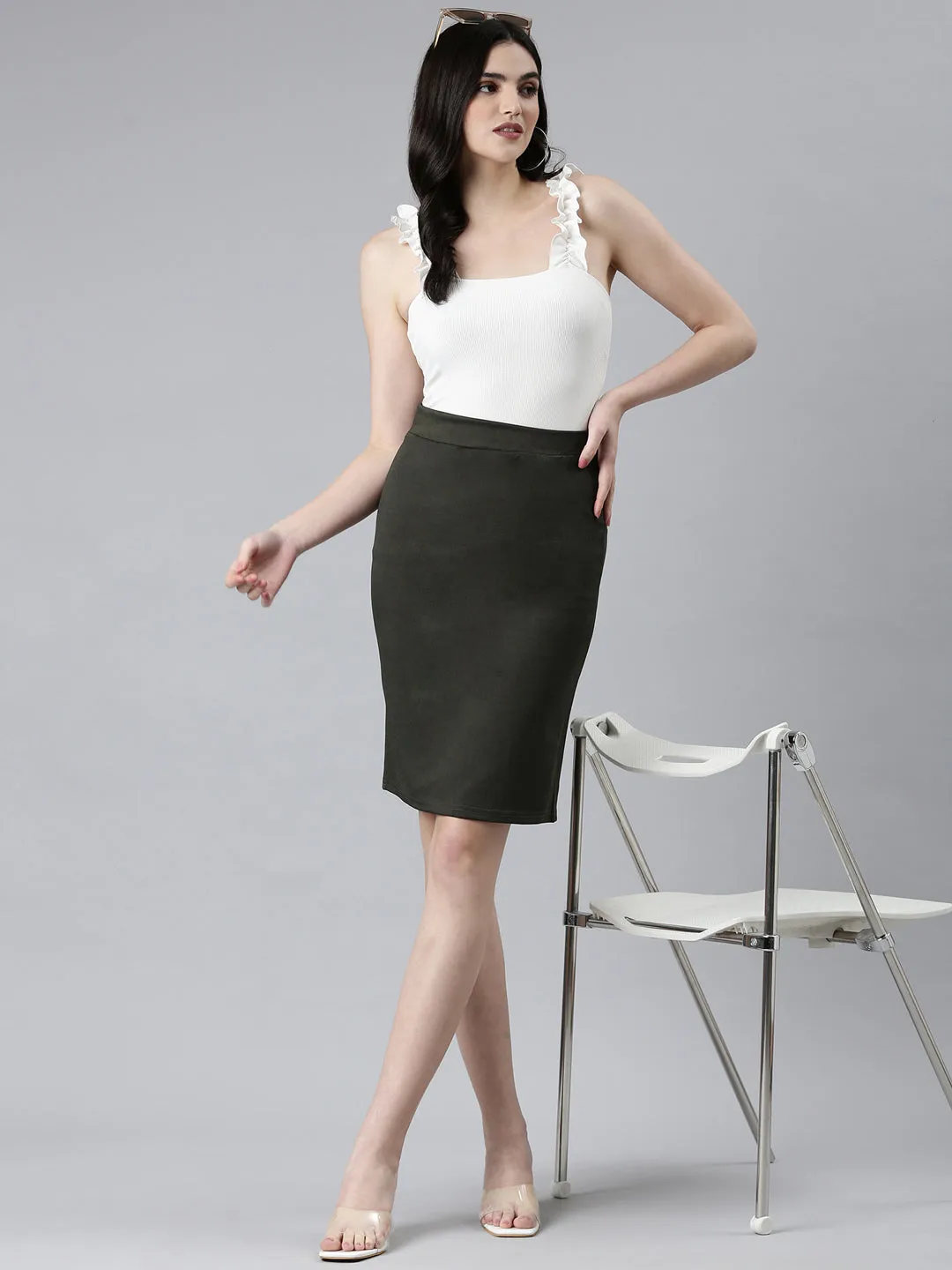 Women Olive Solid Pencil Skirt